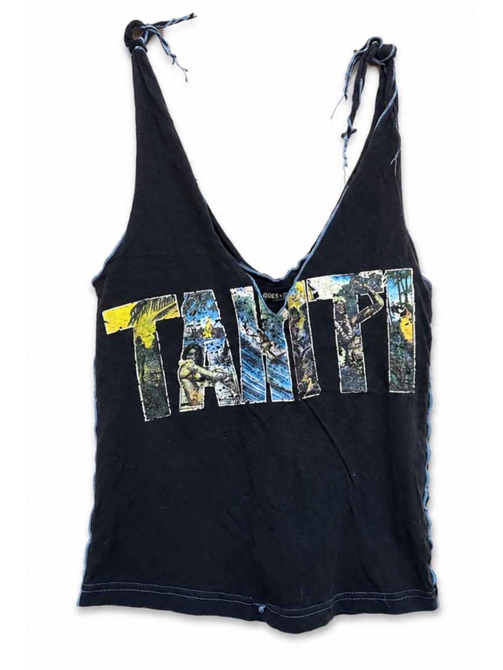 Y2K GUESS Tahiti Graphic Halter Tank Top | Navy Blue Tie Strap Sleeveless Top |